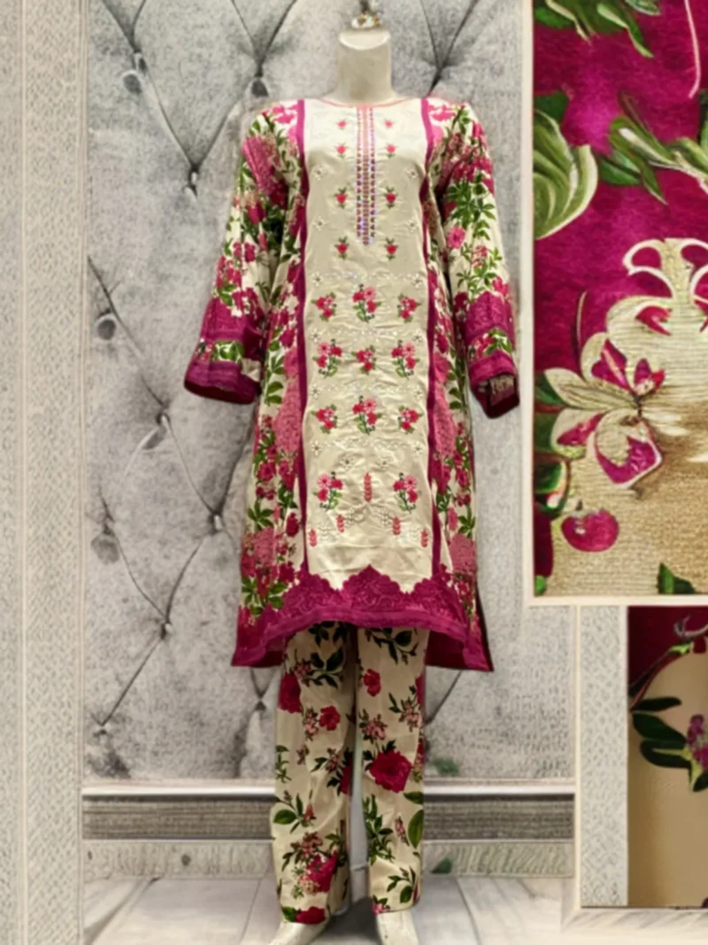 Shocking Pink Printed Lawn with Embroidered Suit - Image 6