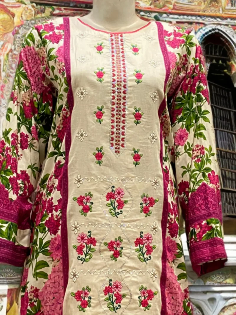 Shocking Pink Printed Lawn with Embroidered Suit - Image 5