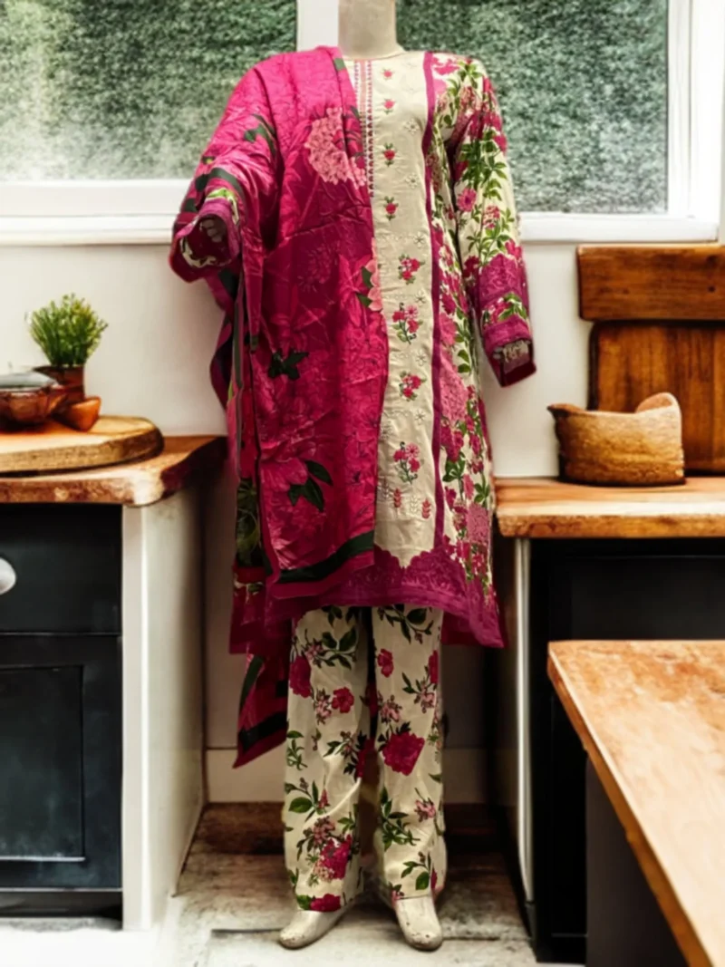 Shocking Pink Printed Lawn with Embroidered Suit - Image 4