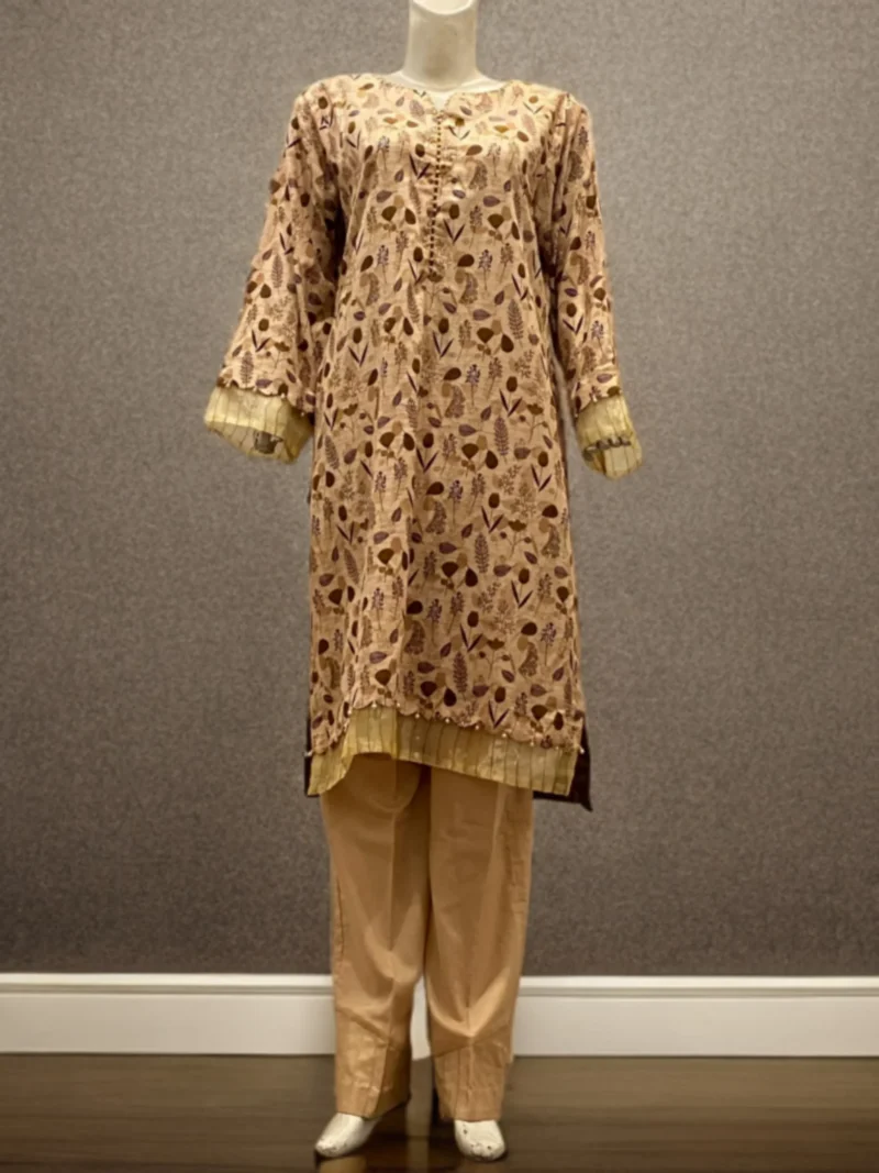 Light Brown Printed Suit with Embroidered Chiffon Dupatta - Image 4