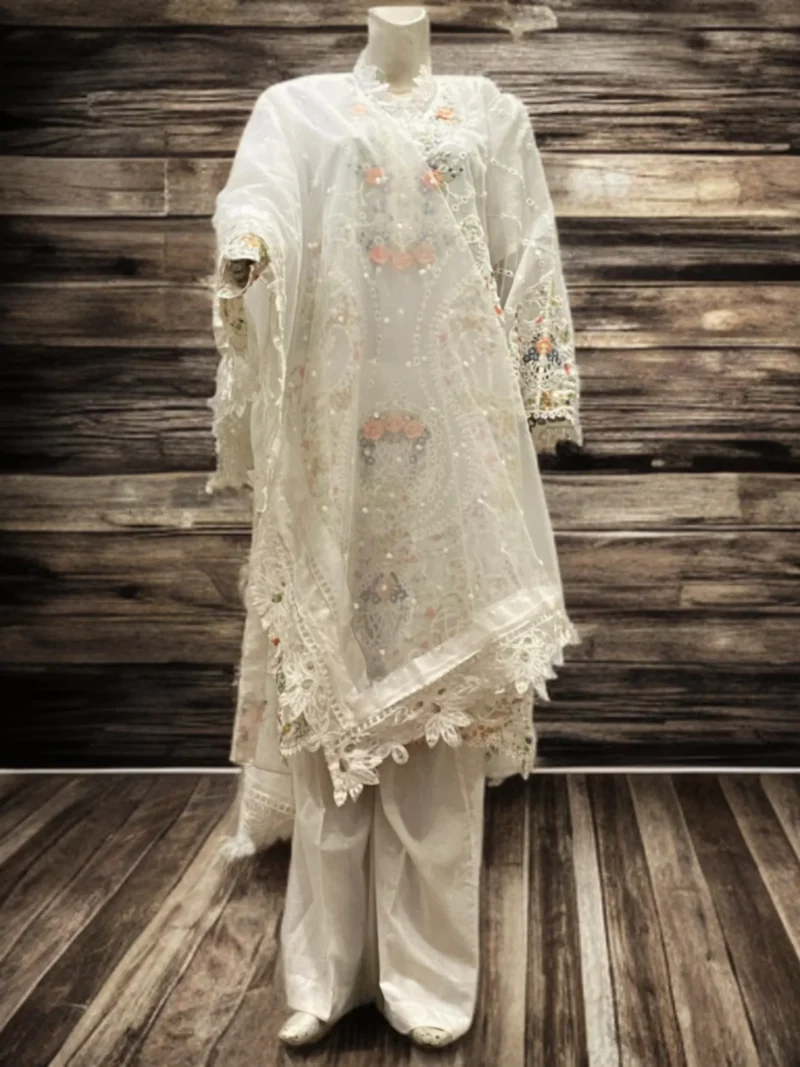 Embroidered Organza Off White Suit - Image 5