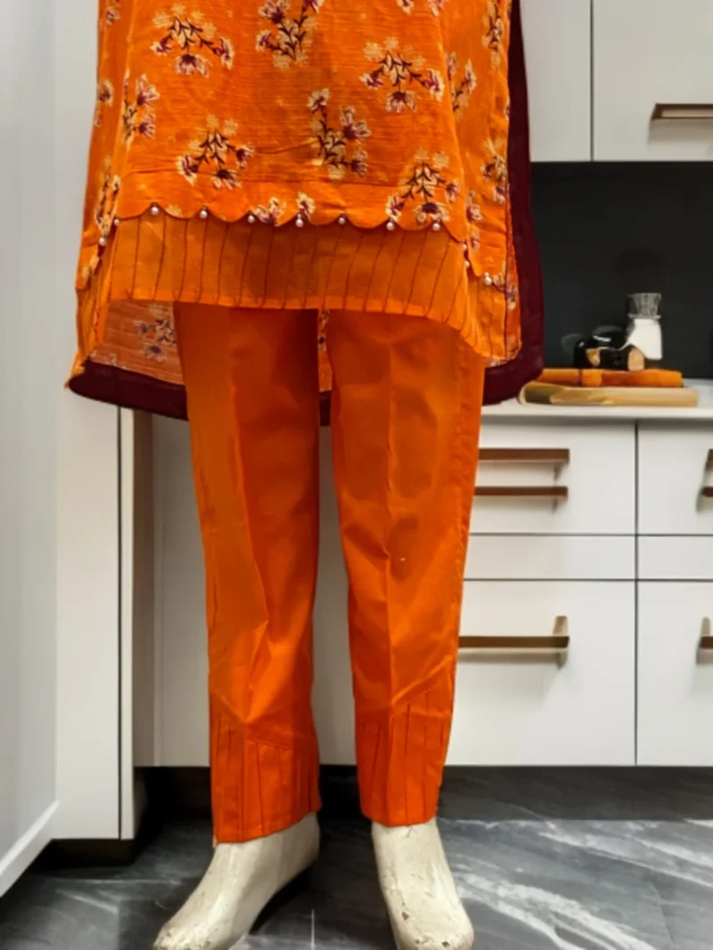 Rust Orange Suit with Embroidered Chiffon Dupatta - Image 3