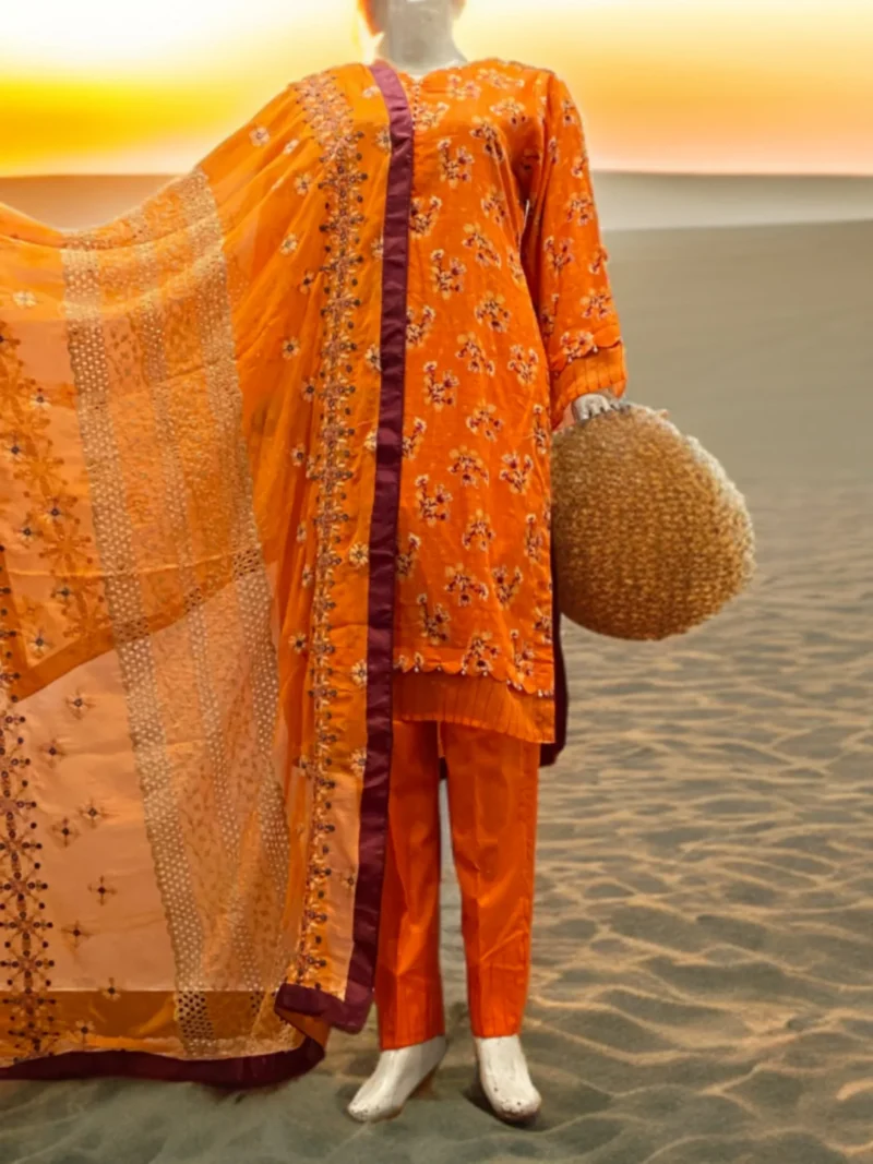 Rust Orange Suit with Embroidered Chiffon Dupatta - Image 4