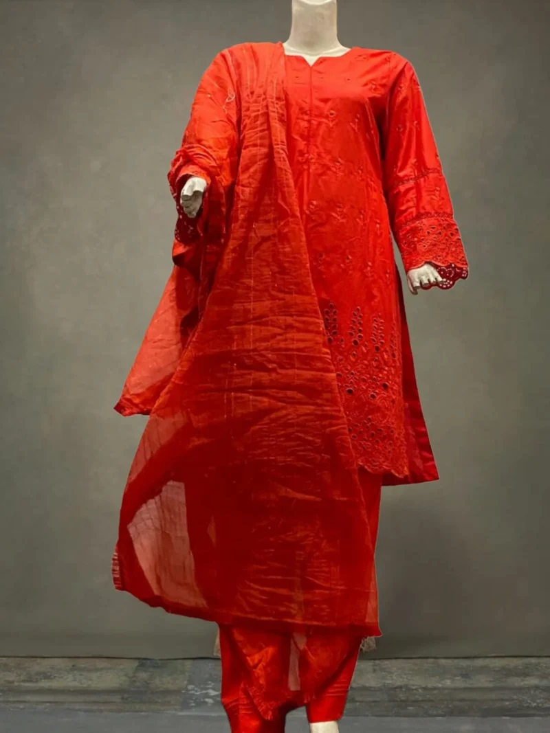 Red Lawn Fully Chicken Kari Suit with Embroidered Dupatta - Image 3