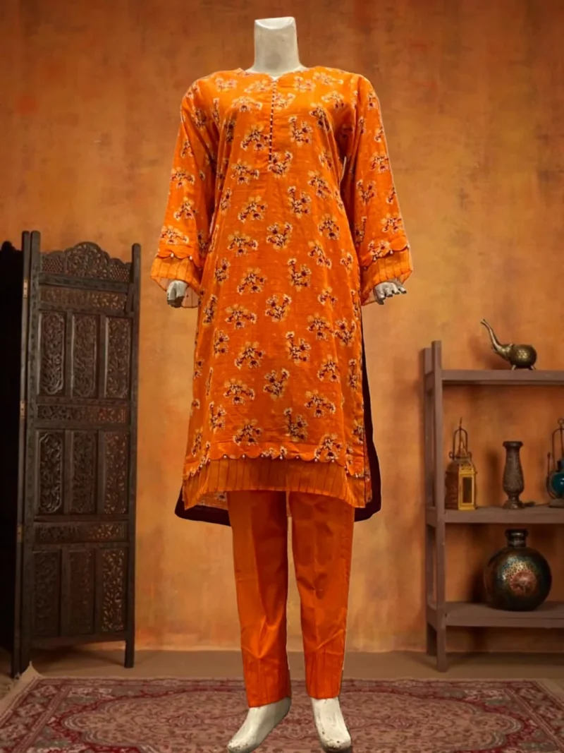 Rust Orange Suit with Embroidered Chiffon Dupatta - Image 2