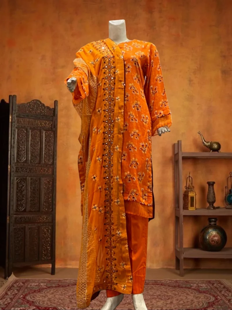 Rust Orange Suit with Embroidered Chiffon Dupatta