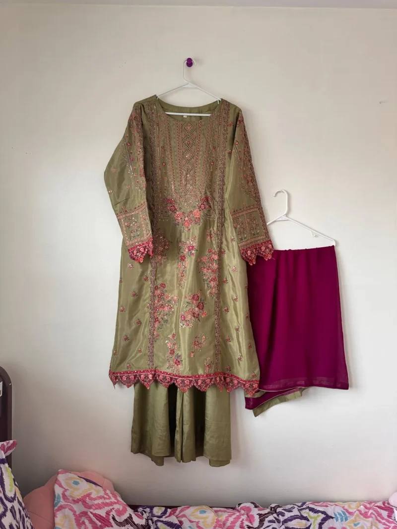 Embroidered Dyed Raw Silk Suit - Image 9