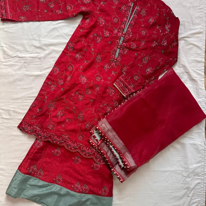 Maroon & Green Embroidered Raw Silk Sharara Suit - Image 9