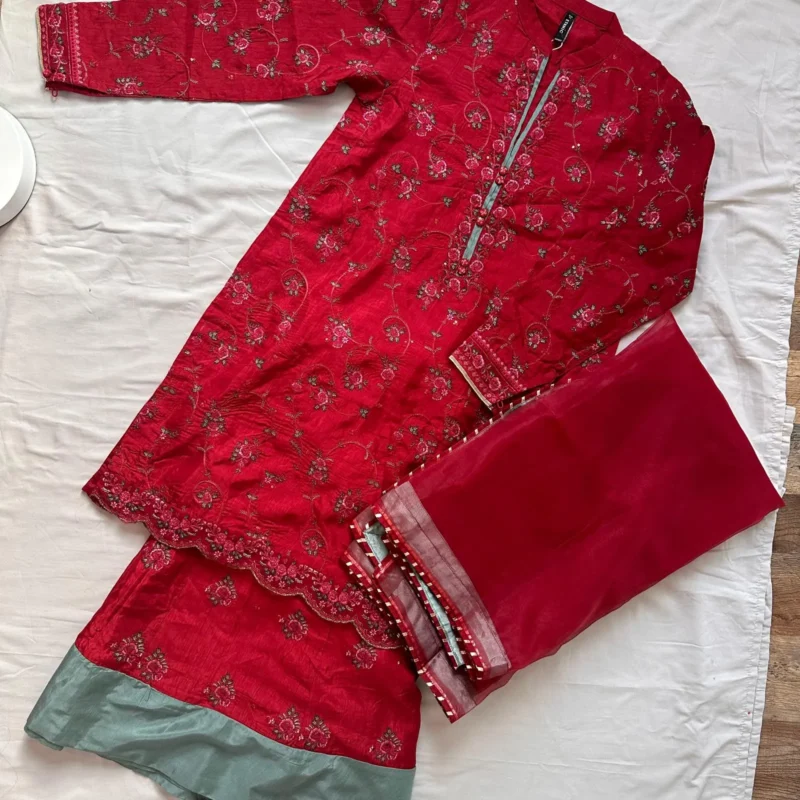 Maroon & Green Embroidered Raw Silk Sharara Suit - Image 8