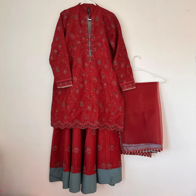 Maroon & Green Embroidered Raw Silk Sharara Suit - Image 6