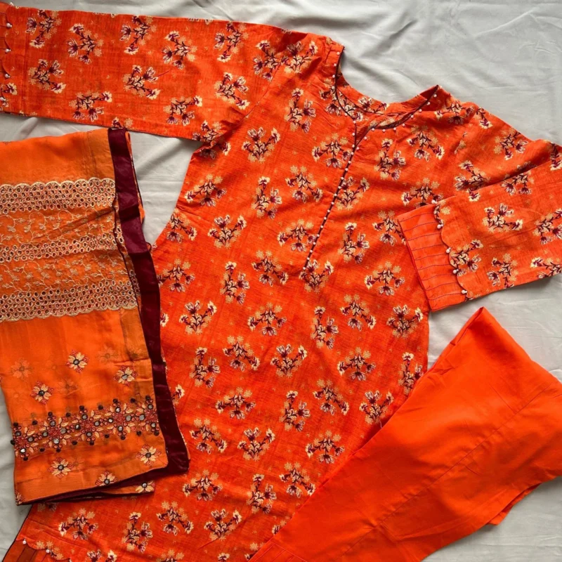 Rust Orange Suit with Embroidered Chiffon Dupatta - Image 5