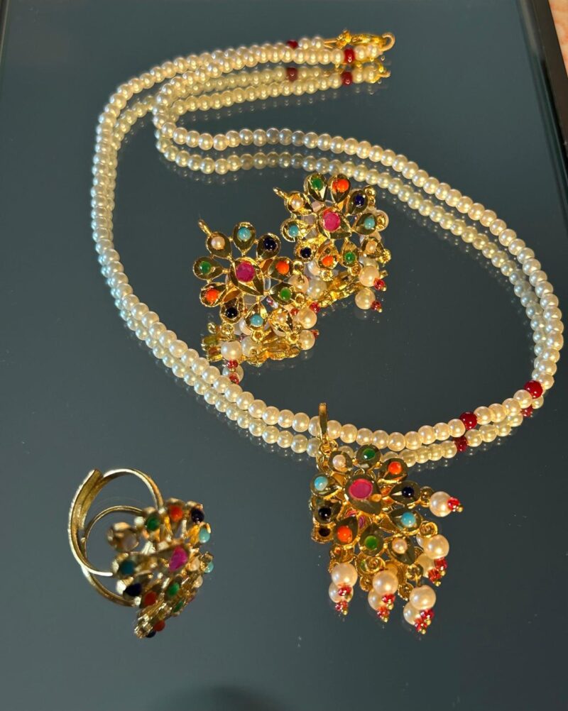 Gold-Plated Nauratan Flower-Shaped Locket Set with Ring and Earrings - Image 2