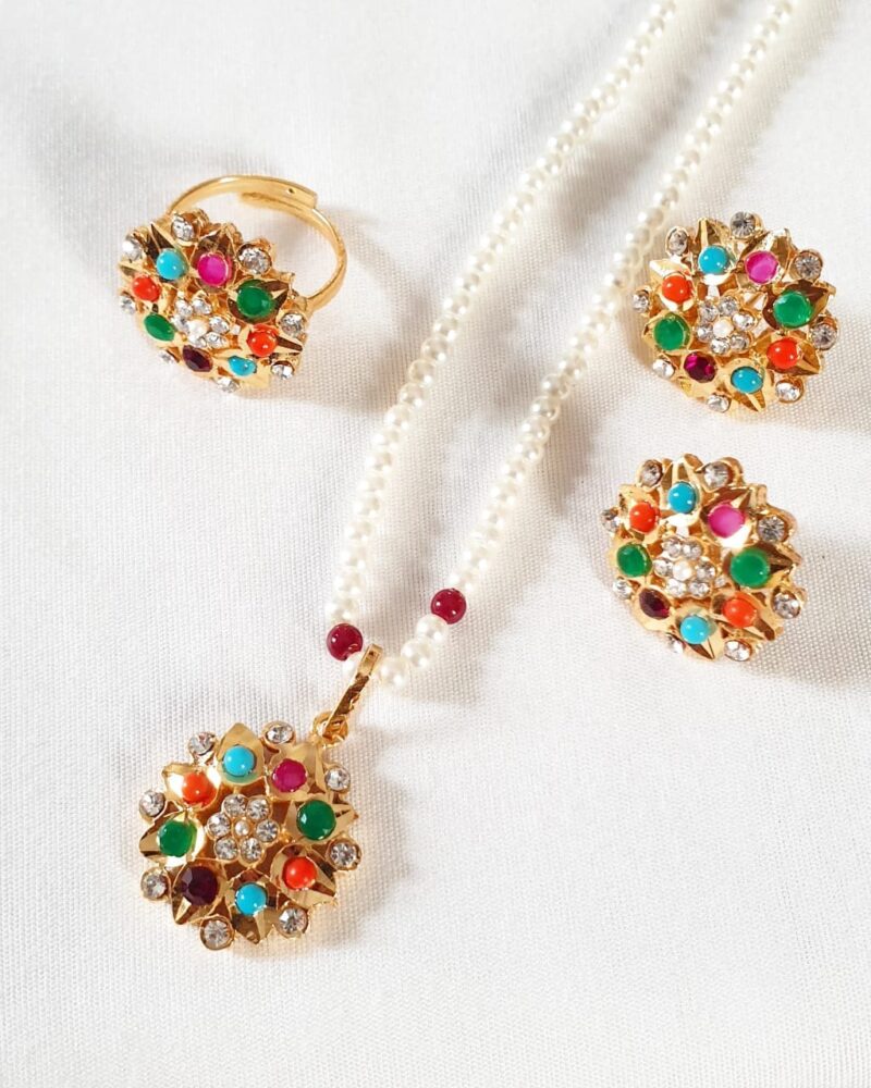 Our Gold Plated Nauratan Studded Locket Set with Ring is a great choice to pair up with your Eid outfits